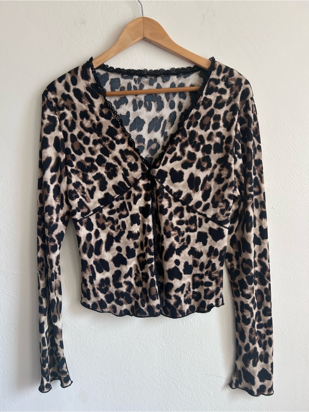 Leopard Ribbed Lace Trim Button Cardigan Top Y2K - V-Neck Lettuce Trim Size L